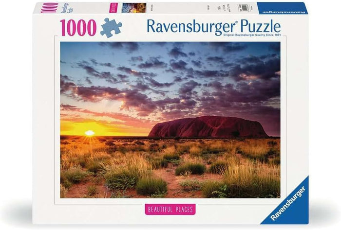 Ravensburger 1000-piece jigsaw puzzle box featuring Uluru at sunset part of the beautiful places collection.