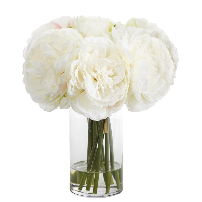 11” Peony Bouquet Artificial Arrangement in Glass Vase