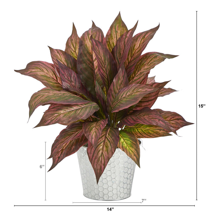 15” Musa Leaf Artificial Plant in Embossed White Planter