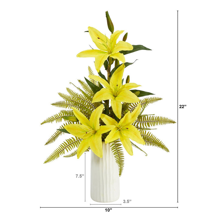22” Lily and Fern Artificial Arrangement in White Vase