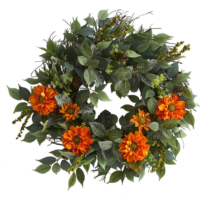 23” Mixed Greens and Zinnia Artificial Wreath