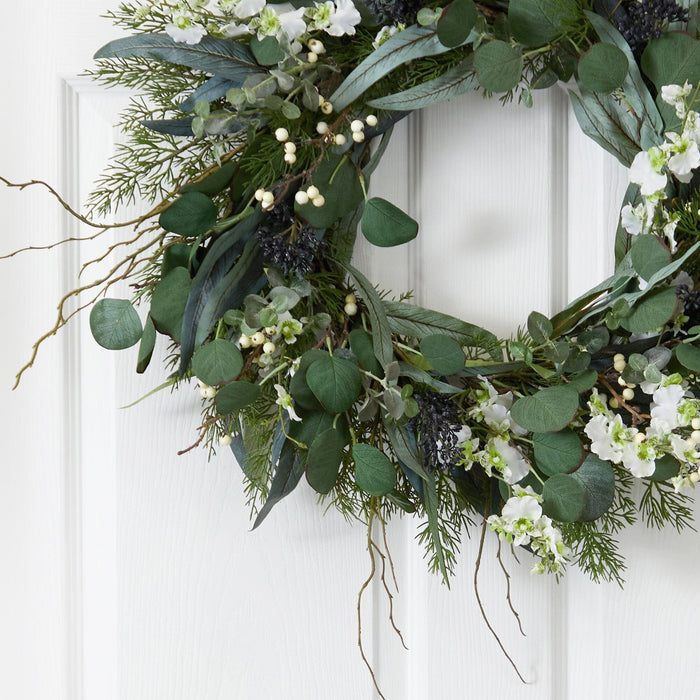 24” Eucalyptus, Dancing Lady Orchid and Mixed Greens Artificial Wreath