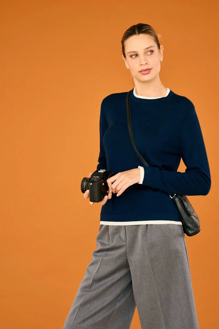 Double Trim Crew Jumper / Navy White