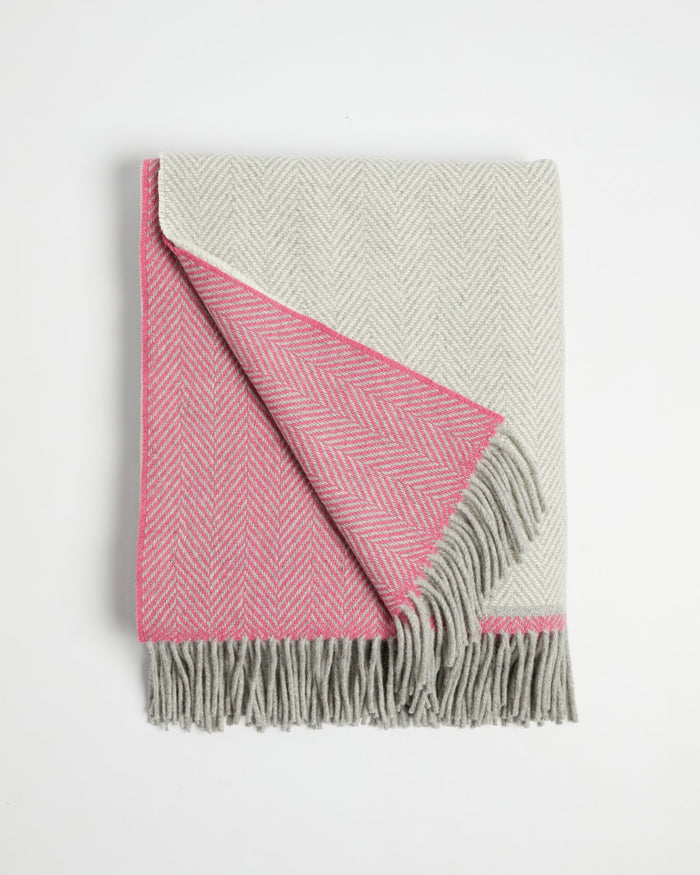 Foxford Lily Cashmere and Lambswool Throw pink and grey herringbone throw folded