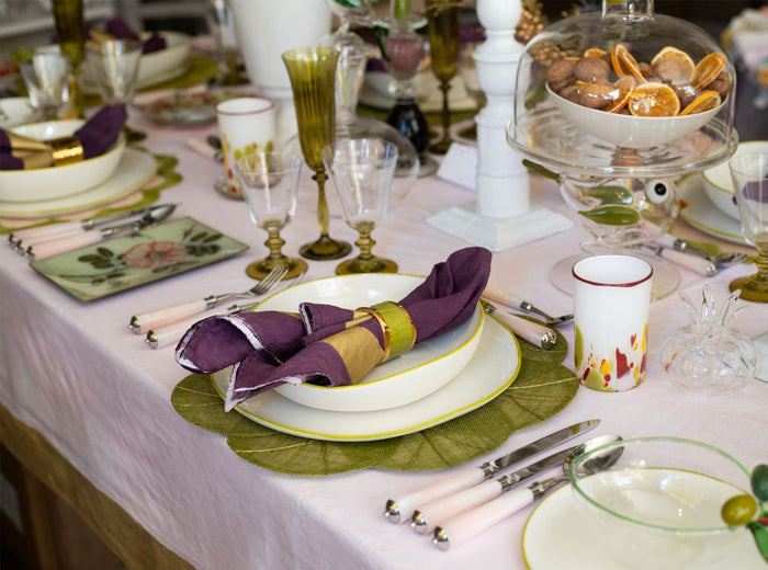 'Full Field Cornice' Linen Napkin in Grape Purple & Gold, 50x50cm