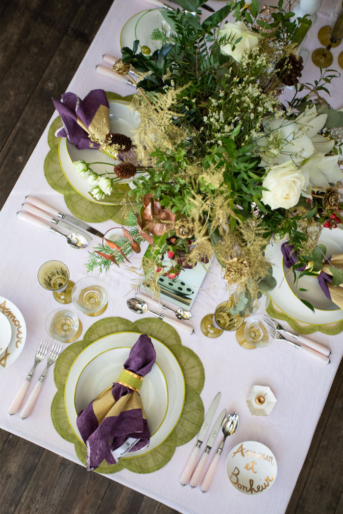 'Full Field Cornice' Linen Napkin in Grape Purple & Gold, 50x50cm