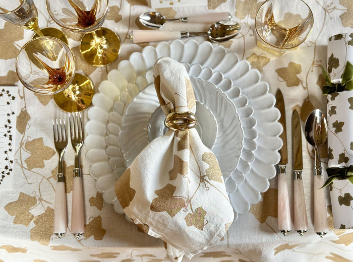 'Ivy' Screen Printed Linen Napkin in Gold, 50x50cm