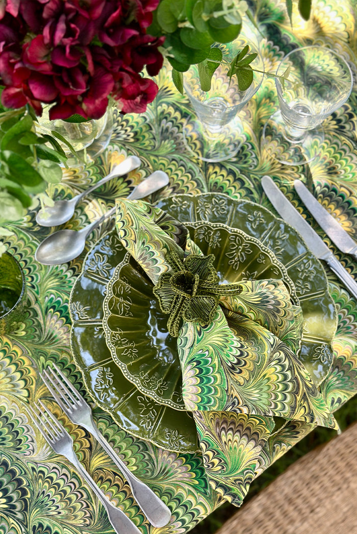 'Marble Fan' Linen Napkin in Green, 50x50cm