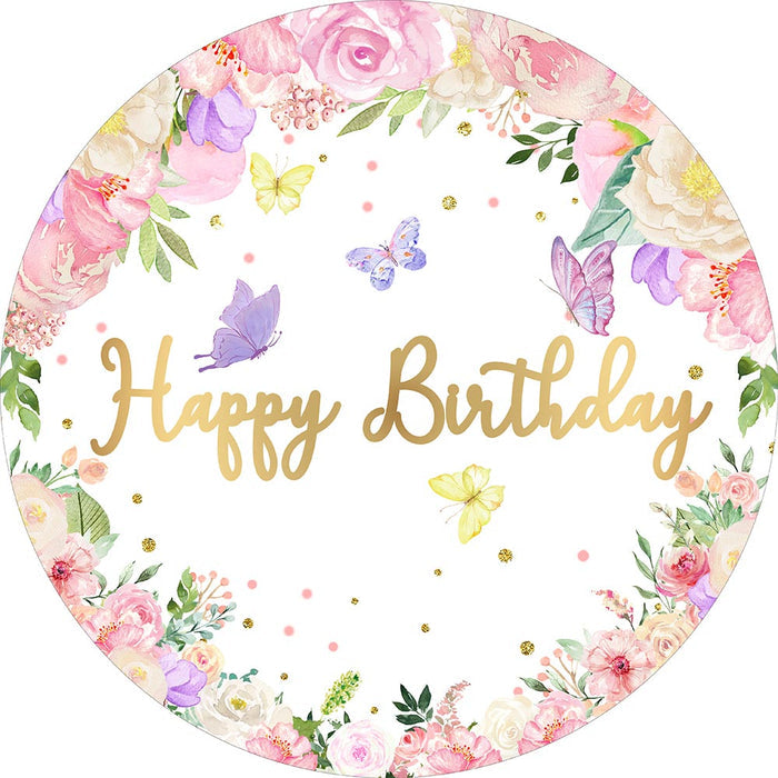 Mocsicka Butterfly and Flowers Happy Birthday Round Cover