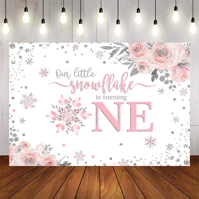 Mocsicka Pink Snowflakes and Flowers Happy 1st Birthday Backdrop-Mocsicka Party